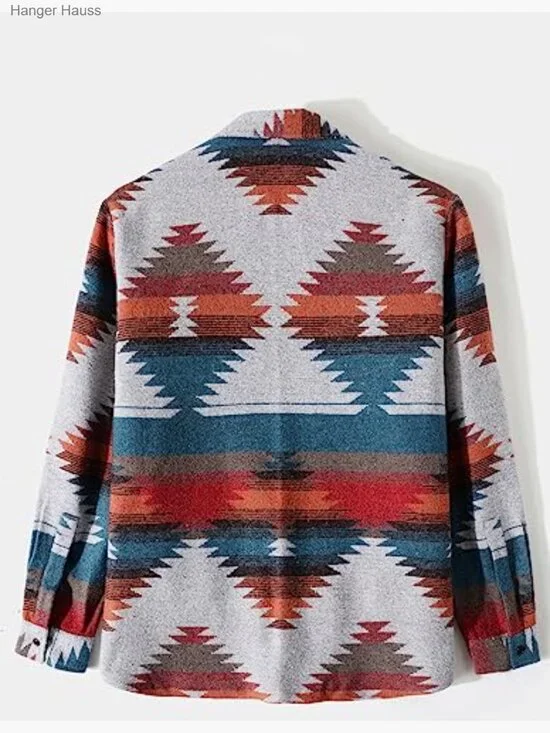 Men's Aztec Print Button Down Woolen Long Sleeve Western Shacket Coat